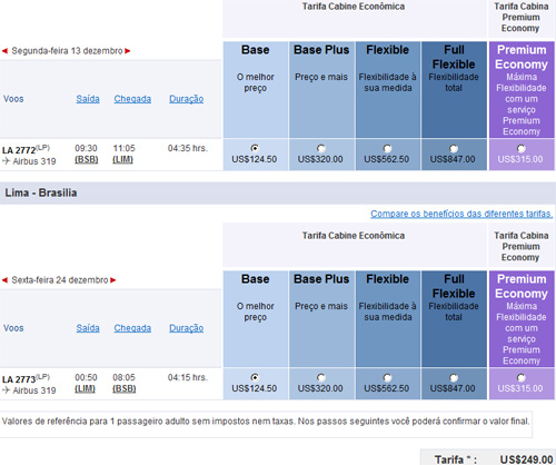 LAN: Brasília - Lima por U$ 249,00