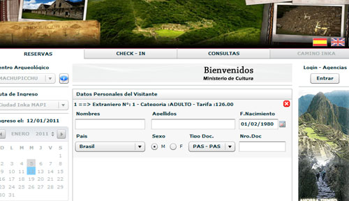 Passo 2 para a compra dos bilhetes de entrada para Macchu Picchu