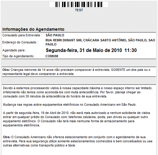 Imagem modelo de confirmação de agendamento de entrevista do visto para os EUA