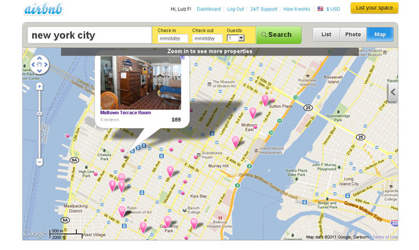 Buscando no direto no mapa por um quarto no mapa de Nova York