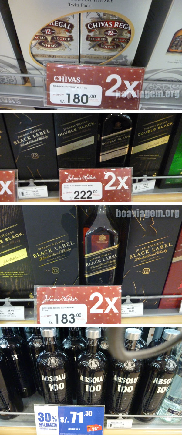 Bebidas em promoção no Duty Free do Peru