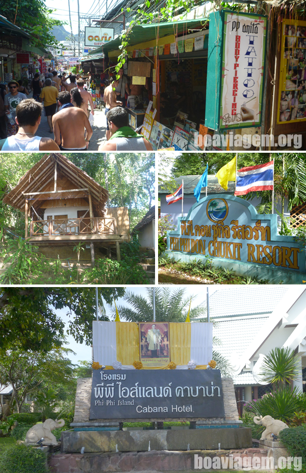 Visão geral das ruelas de Phi Phi e alguns hotéis e resorts