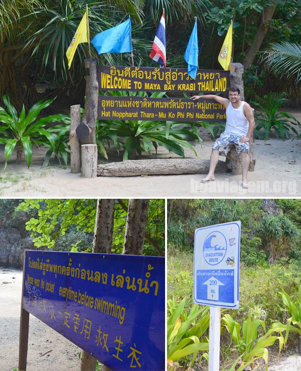 Bem vindo a Maya Bay, placa de alerta e rota de evacuação