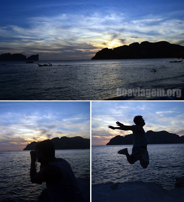 Pulando e fotografando com Koh Phi Phi Ley ao fundo