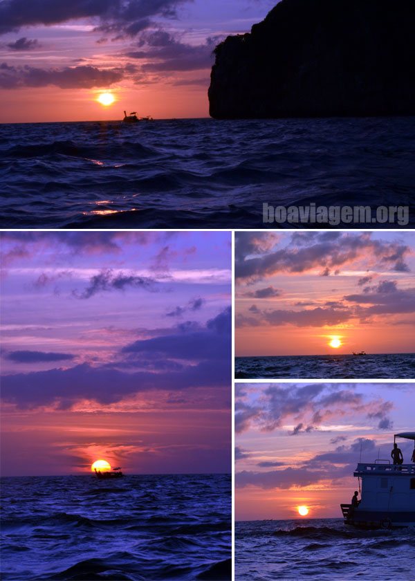 Pôr do Sol visto desde o oceano, na entrada para Maya Bay