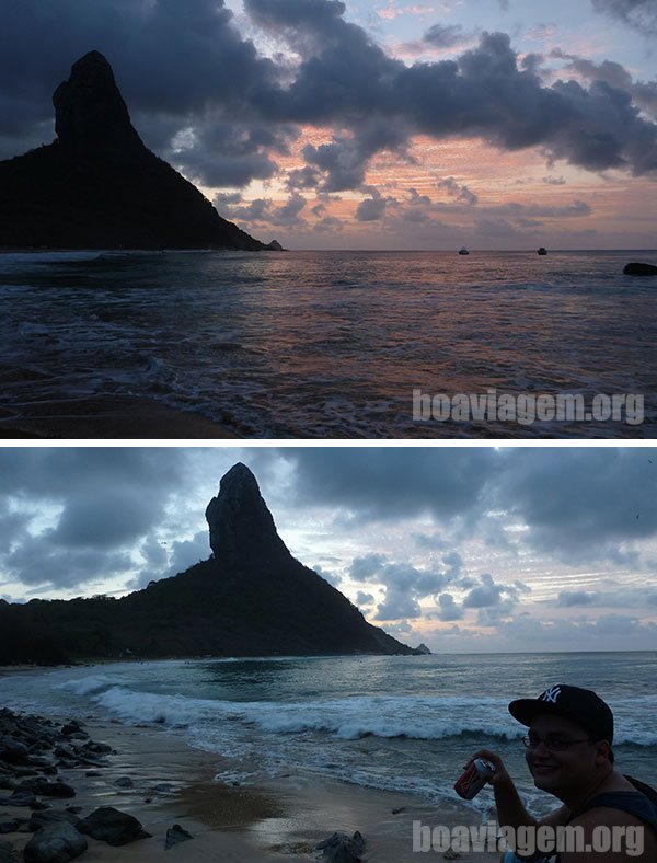 Fim de dia com o Pico de Noronha em destaque na Praia da Conceição