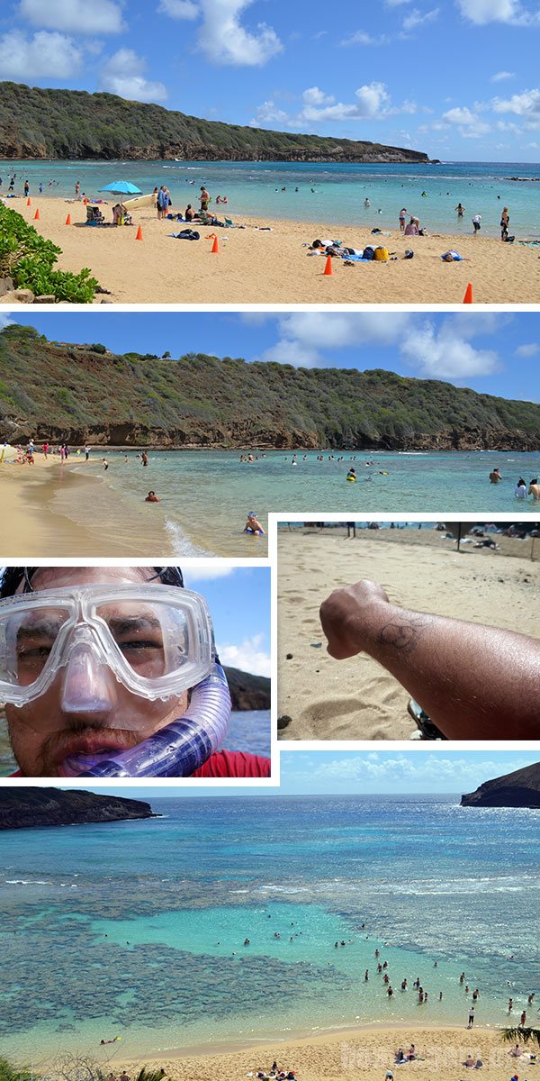 Na praia, munido de snorkel e máscara: pronto para explorar o fundo da Baía de Hanauma