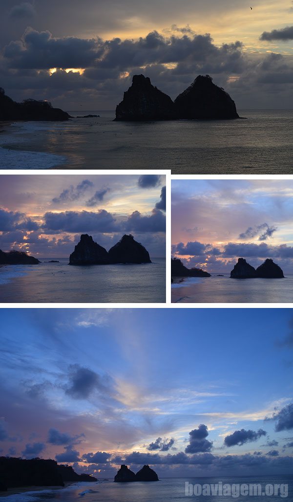 Pôr do sol em Fernando de Noronha com o Morro Dois Irmãos em destaque