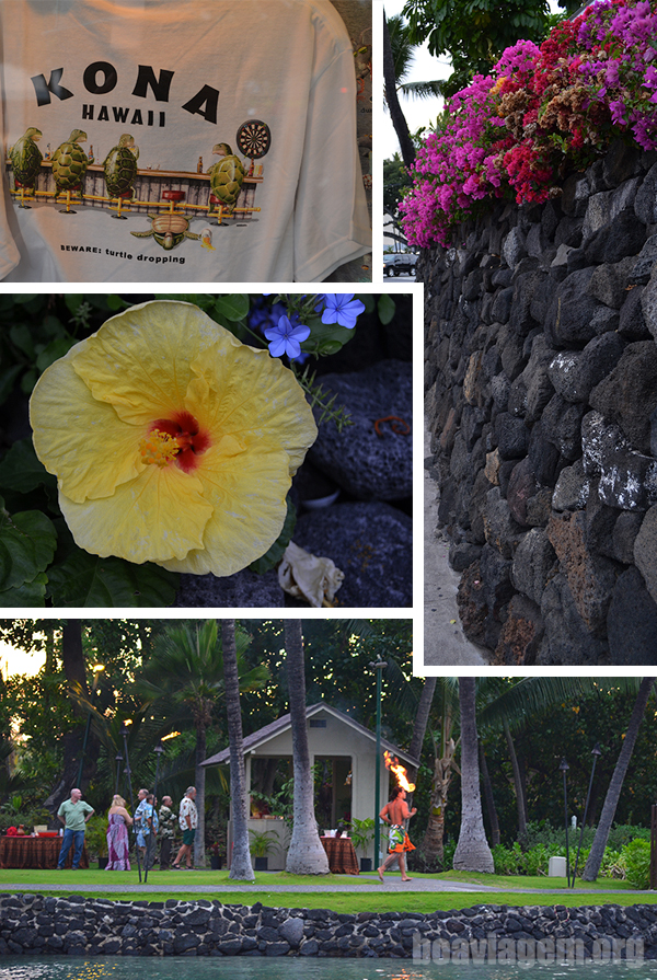 Souvenirs, flor havaiana, muros de pedra vulcânica
