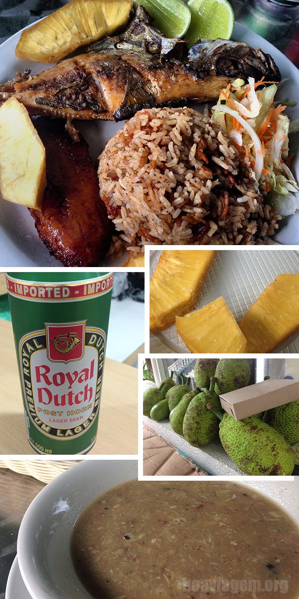 Arroz de côco, pescado frito, fruta pão, saladinha e uma bela banana frita