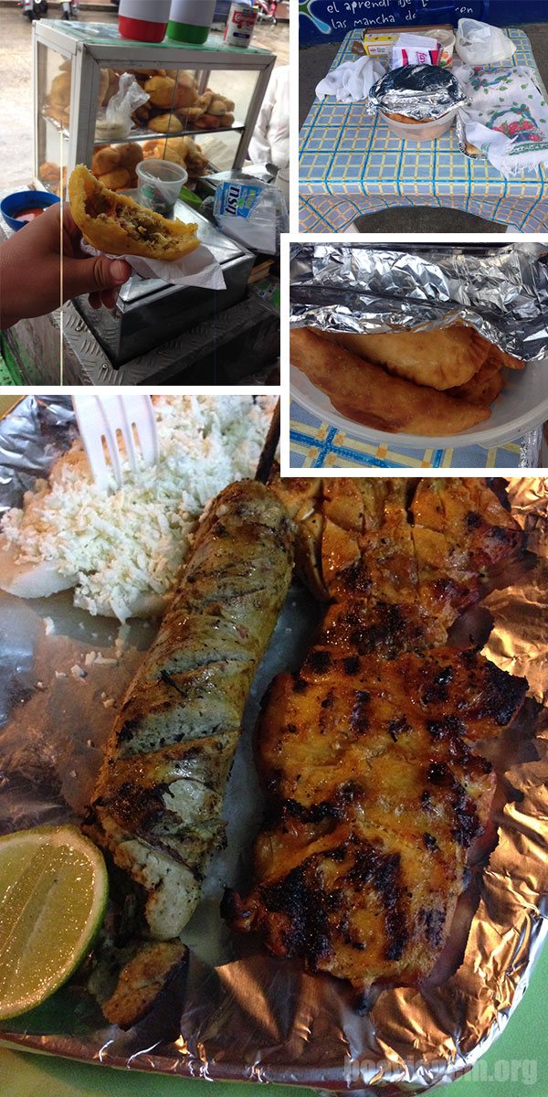 Empanadas e espetinhos de frango/linguiça de peixe
