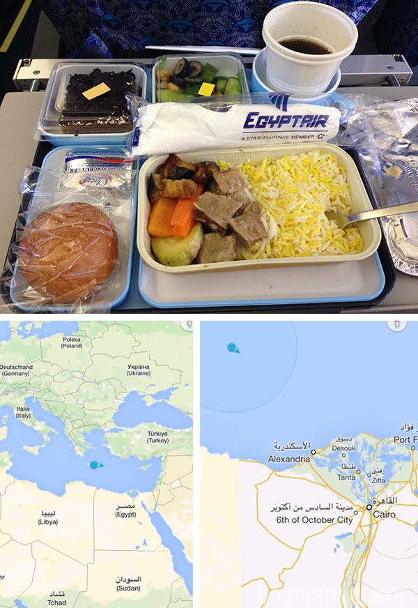 Serviços de bordo da Egyptair e o avião se aproximando do Egito