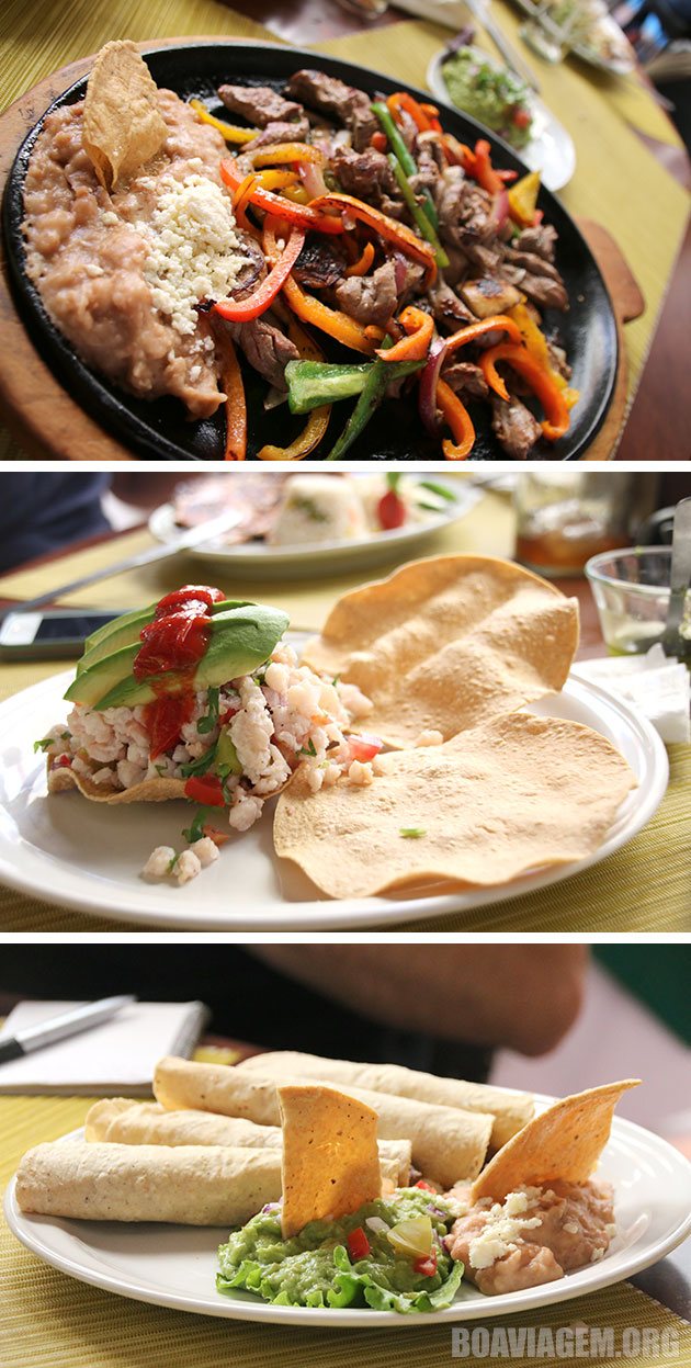 Fajitas de carne de res, ceviche de camarón e tacos