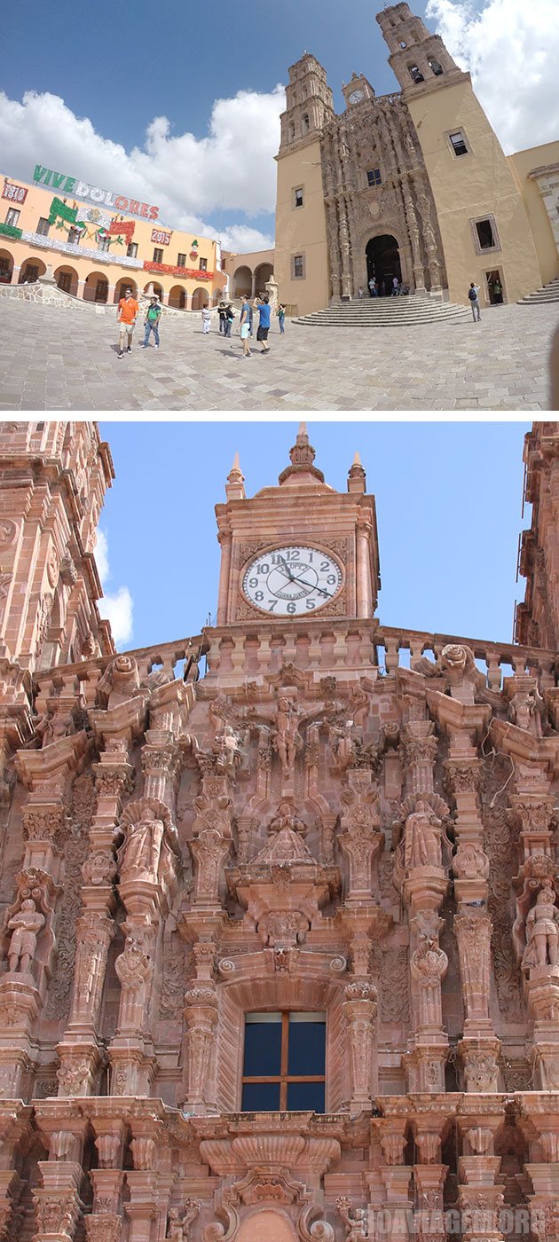 Adornos altamente detalhistas na fachada da Paróquia de Dolores