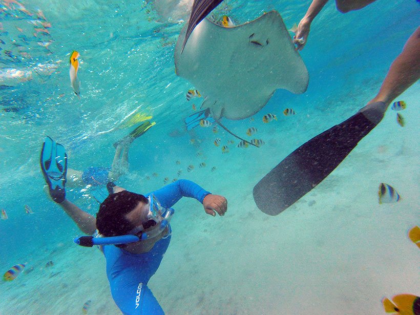 Mergulhando sob a sombra de grandes arraias em Bora Bora