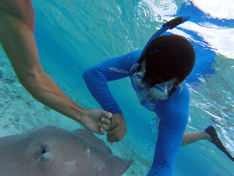 Dando comida na boca das arraias de Bora Bora