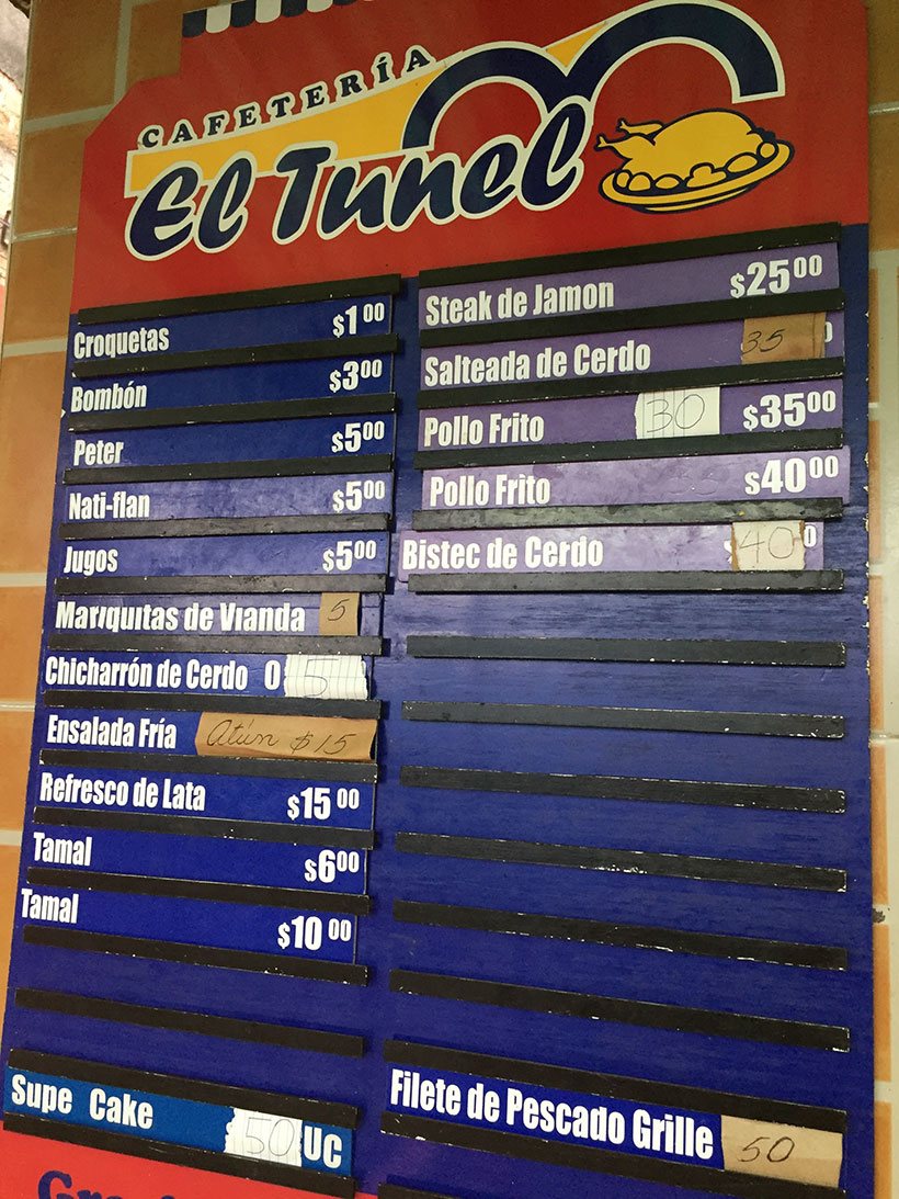 Menu de uma cafeteria em Havana - Cuba